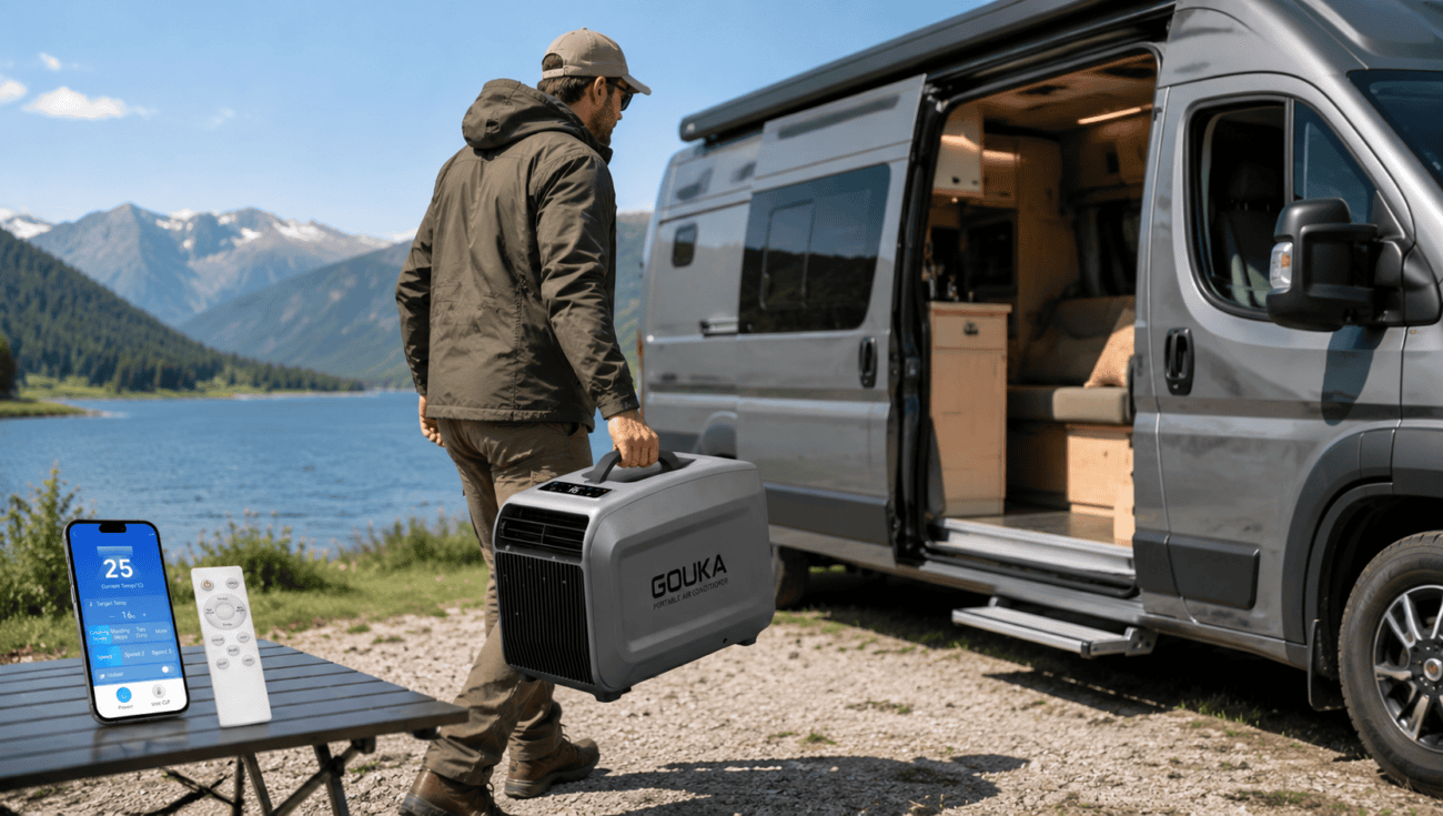 Cool and quiet small travel trailer air conditioners running on off-grid battery power