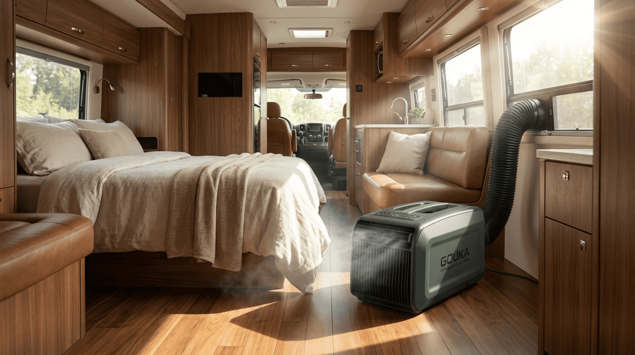 GOUKA portable air conditioner installed inside a Class B RV.