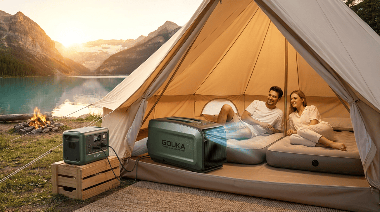 GOUKA portable air conditioner cooling a camping tent during summer.