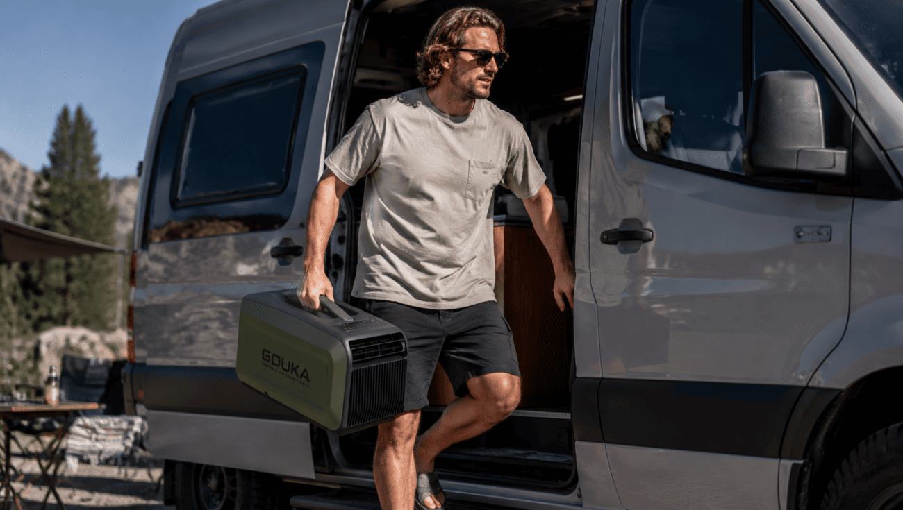 GOUKA small space portable air conditioner running in an RV during autumn clearance