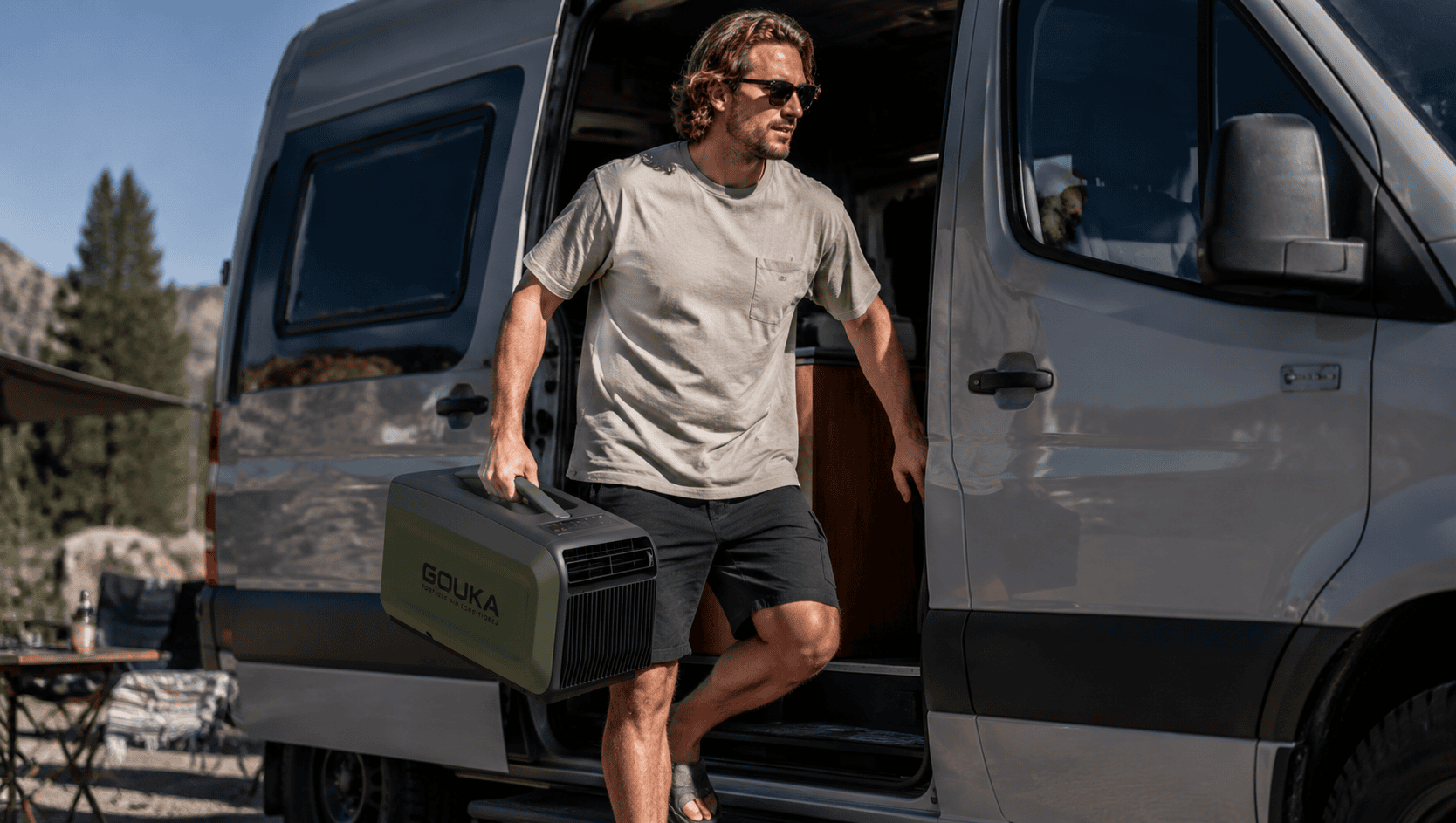 GOUKA small space portable air conditioner running in an RV during autumn clearance