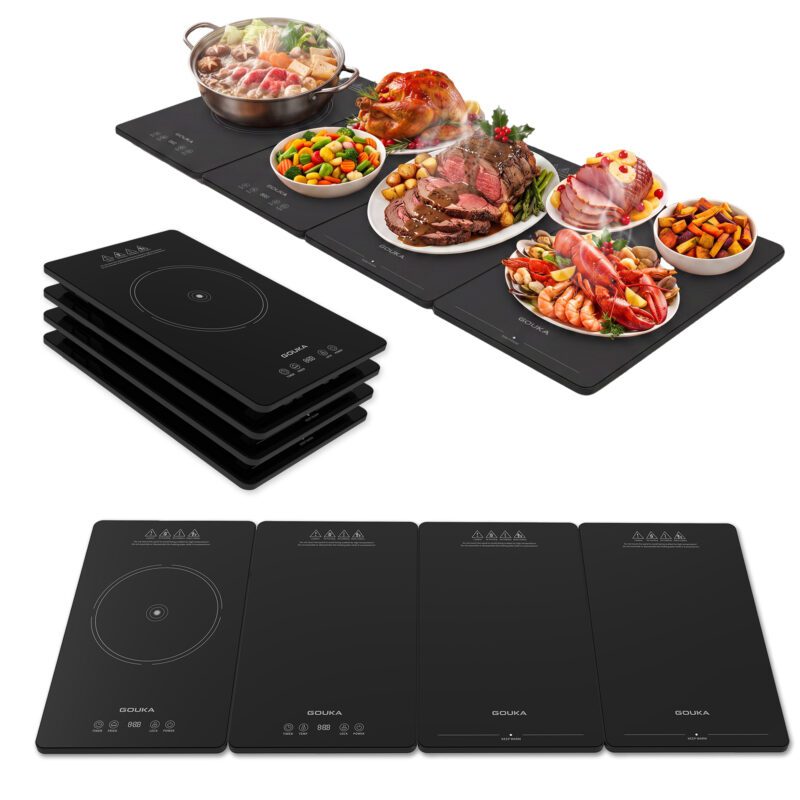 GOUKA 4-in-1 Food Warming Tray with modular expandable design, tempered glass heating panels, 7 precision heat levels, and an 8-hour smart timer for family dinners, buffets, and holiday gatherings.