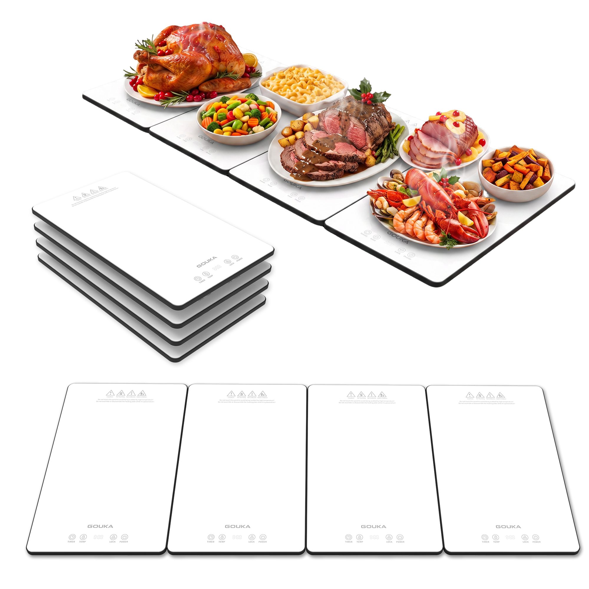 GOUKA 4-in-1 modular warming tray features 10 temperature settings (85–255°F) and an 8-hour timer function (Ceramic White) - Image 1