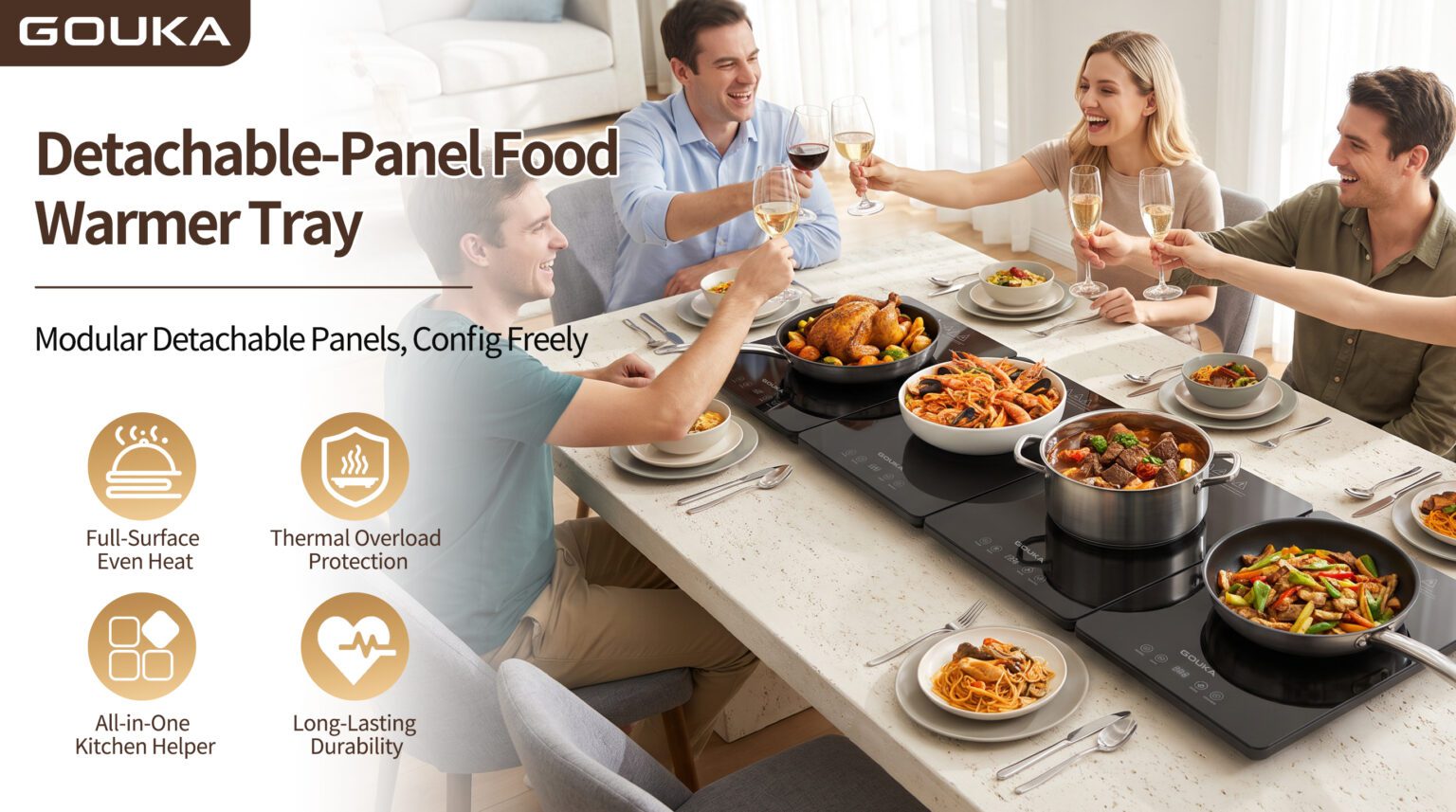 GOUKA expandable food warming tray with tempered glass surface, precision temperature control, modular design, and 1–4 detachable heating panels for family dinners, buffets, and holiday gatherings.