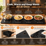 GOUKA expandable electric food warming tray heating multiple dishes, featuring "Cook, Warm and Keep Warm All at Once" modes for hot pot and buffet serving.