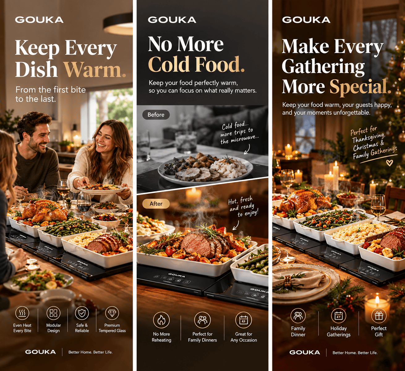 GOUKA expandable electric food warming tray heating multiple dishes, featuring "Cook, Warm and Keep Warm All at Once" modes for hot pot and buffet serving.