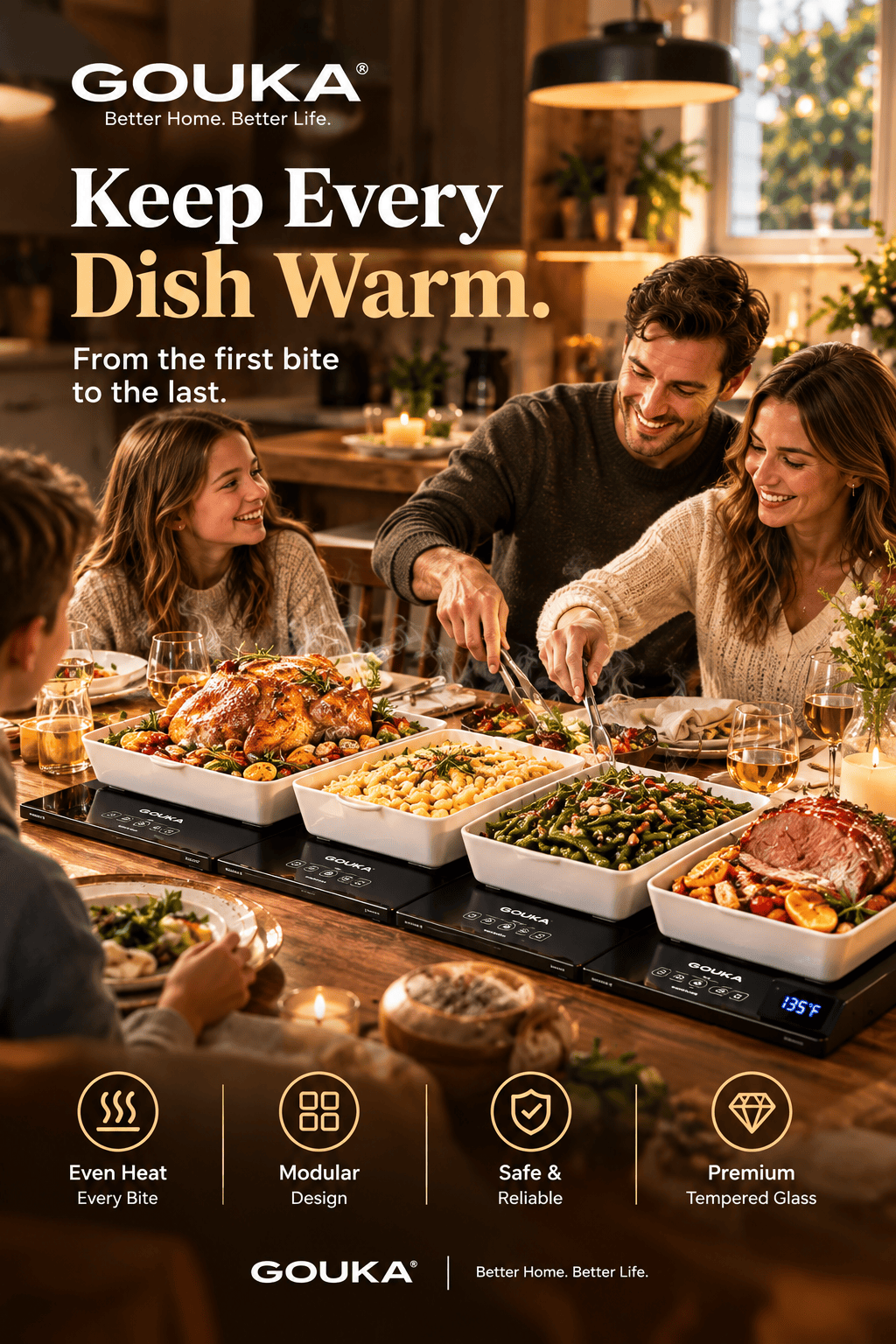 Family enjoying a holiday feast kept warm by GOUKA modular electric food warming trays featuring premium tempered glass.