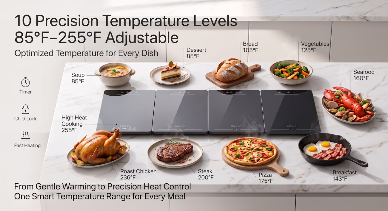 GOUKA expandable food warming tray keeping Thanksgiving dinner and fall dishes hot on a dining table.
