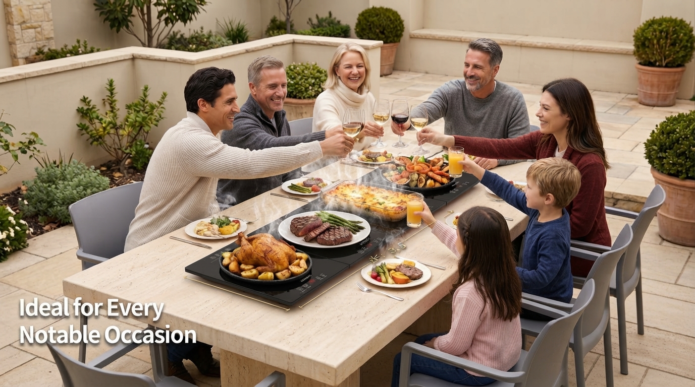 The GOUKA 4-in-1 foldable food warming tray is suitable for gatherings, parties, and everyday dinners.