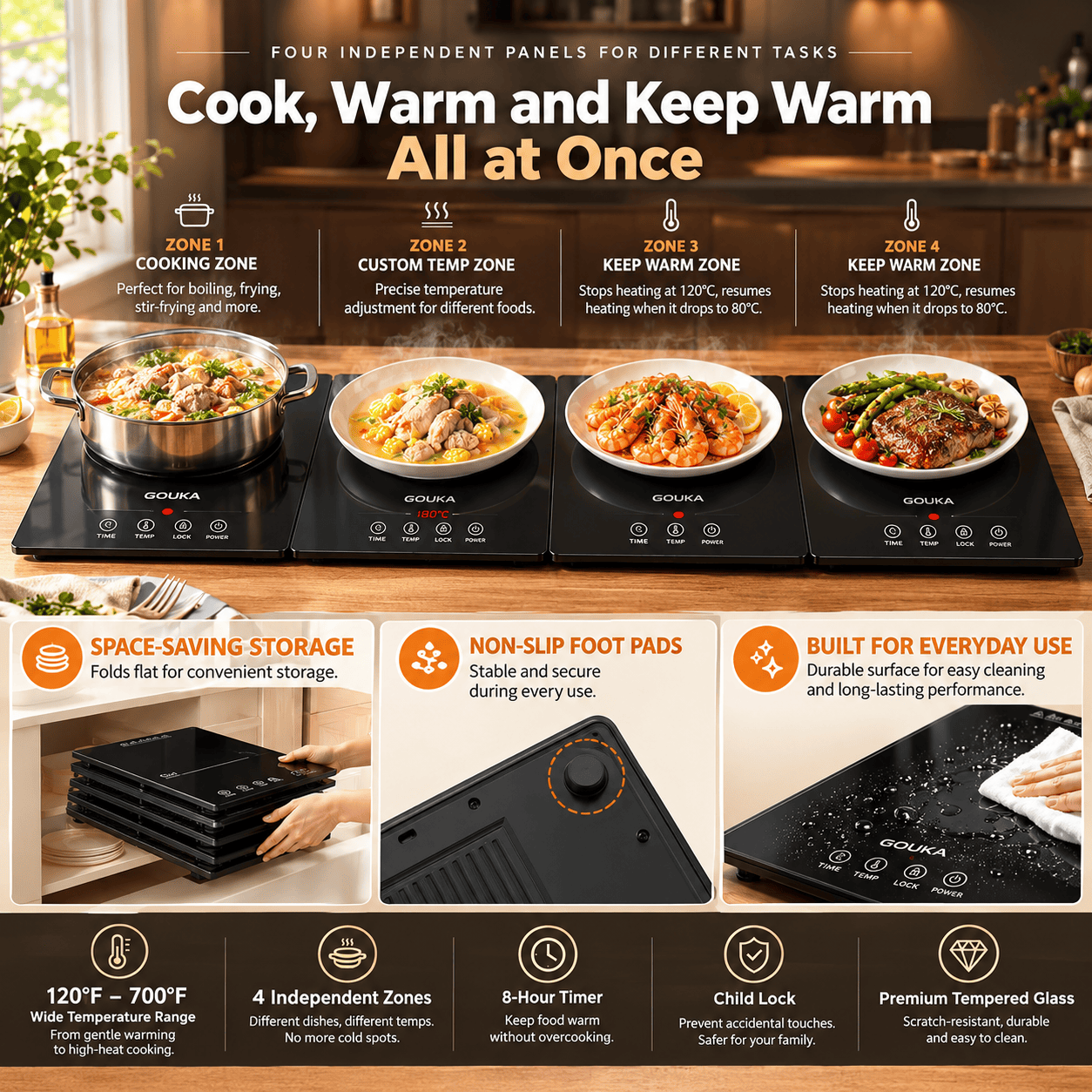 GOUKA expandable electric food warming tray heating multiple dishes with independent cook and keep-warm zones.